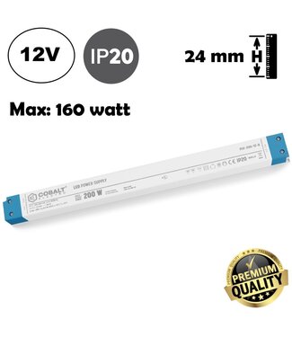 Cobalt LongSlim Premium Led Strip voeding 12V/200W/16,6A, Max: 160w, Afm:360x32x24 mm, 3 Jaar Garantie